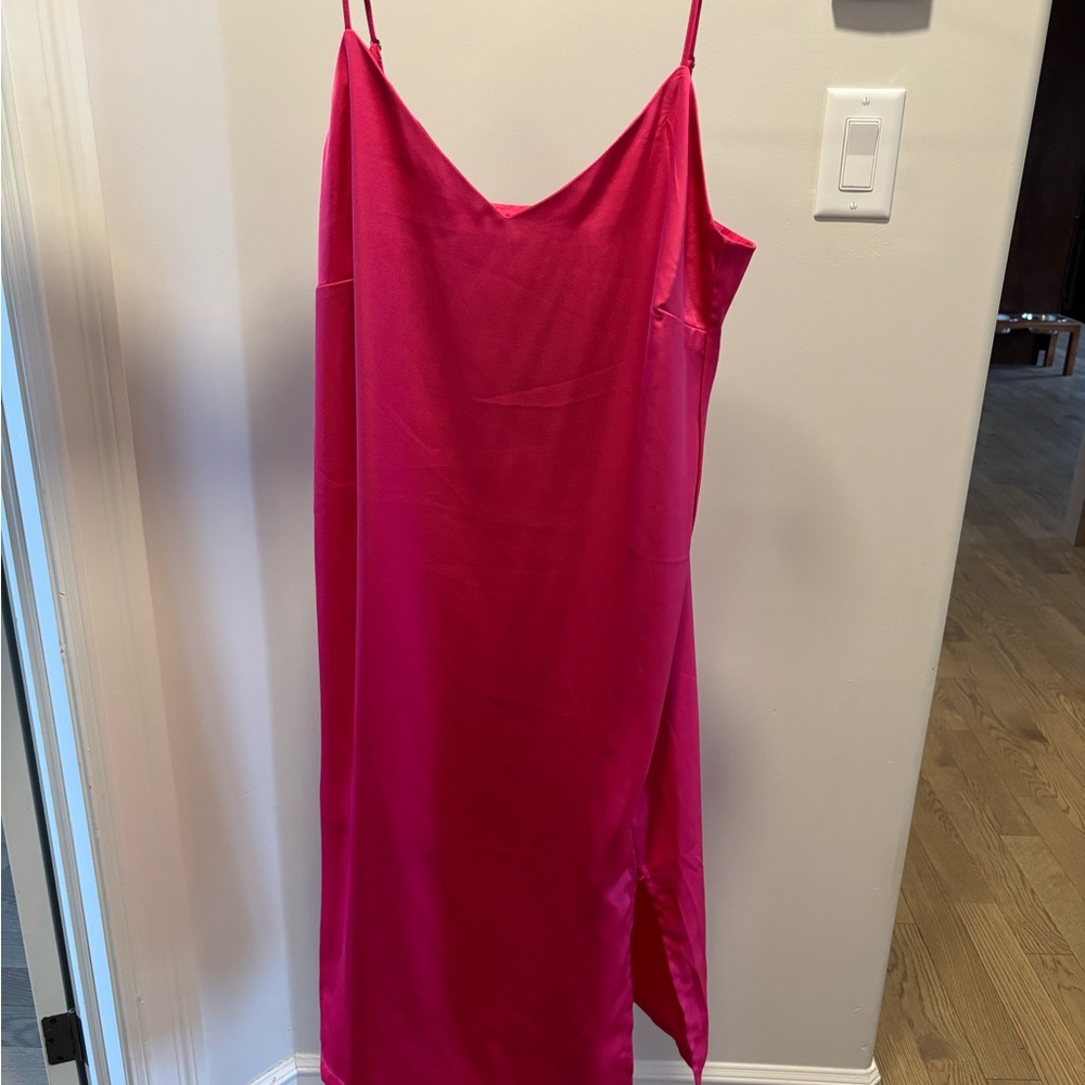 Shinestar Pink Cocktail Slip Dress with Slit and V-Neck